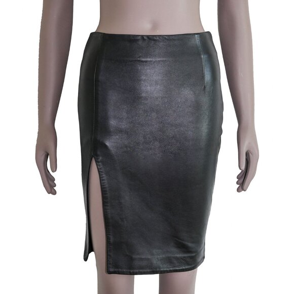 Nicholas Black High Waisted Leather Pencil Skirt Formal Evening Side Slit Skirt - Picture 2 of 5